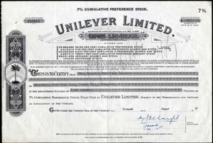 Great Britain, Unilever Limited, Certificate of 7% cumulative preference stock, 800 Pounds, 16 August 1957