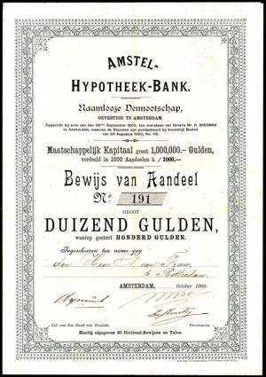 Amstel-Hypotheek-Bank N.V., Bewijs van aandeel, 1000 Gulden, October 1900