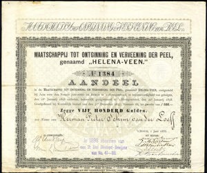 Maatschappij tot Ontginning en Verveening der Peel, genaamd "Helena-Veen", Aandeel, 500 Gulden, 1 June 1876