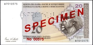 Bosnia and Herzegovina, P66s, B210as1, Barac B233s, 20 Convertible Mark (1998), Specimen