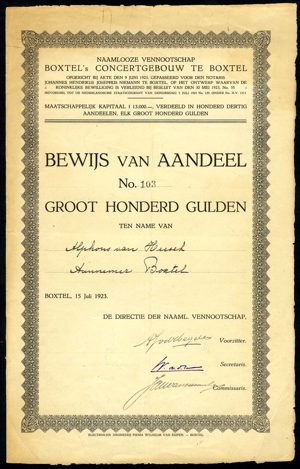 Boxtel's Concertgebouw N.V., Bewijs van aandeel, 100 Gulden, 15 July 1923