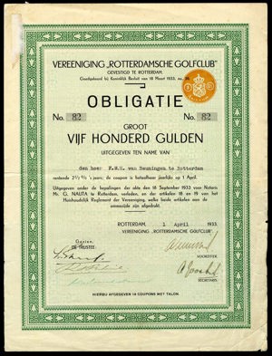 Vereeniging "Rotterdamsche Golfclub", Obligatie, 500 Gulden, 1 April 1933