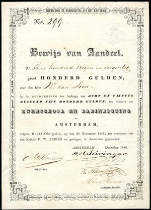 Zwemschool en Badinrigting aan het Westerdok, Bewijs van aandeel, 100 Gulden, December 1846