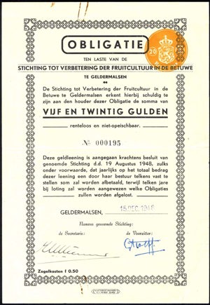 Stichting tot Verbetering der Fruitcultuur in de Betuwe, Obligatie, 25 Gulden, 15 December 1948