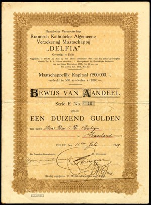 Roomsch Katholieke Algemeene Verzekering Maatschappij "Delfia" N.V., Bewijs van aandeel, serie E, 1000 Gulden, 15 July 1919