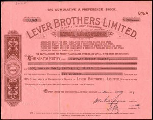 Great Britain, Lever Brothers Limited, Certificate of 8% cimulative A preference stock, 200 Pounds, 13 August 1936