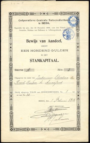 Coöperatieve Centrale Nutscredietbank N.V., Bewijs van aandeel, serie B, 100 Gulden, 1 February 1912