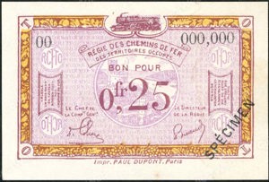 France, Regie des Chemins de Fer des Territoires Occupes, PR3, 0,25 Francs (1923), SPECIMEN