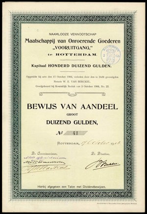 Maatschappij van Onroerende Goederen "Vooruitgang" N.V., Bewijs van aandeel, 1000 Gulden, 17 October 1906