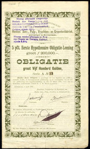 Henkes Jam-, Pulp-, Vruchten- en Groentenfabriek N.V., Obligatie, 500 Gulden, 1 April 1901