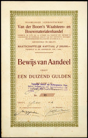 Van der Boom's Waalsteen- en Bouwmaterialenhandel N.V., Bewijs van aandeel, 1000 Gulden, 1 July 1918