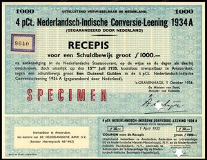 Nederlands-Indië, 4% Conversielening 1934A, Recepis voor een schuldbewijs, 1000 Gulden, 1 October 1934, SPECIMEN