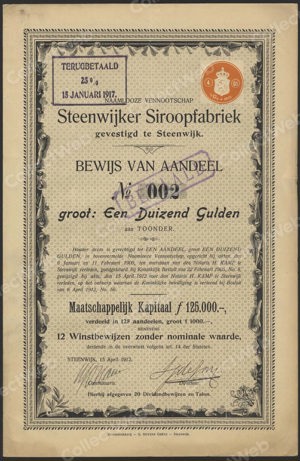 Steenwijker Siroopfabriek N.V., Bewijs van Aandeel, 1000 Gulden, 15 April 1912