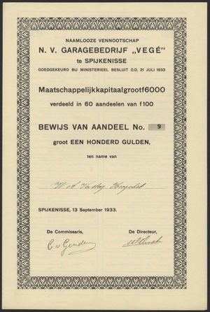 Garagebedrijf Vegé N.V., Bewijs van aandeel, 100 Gulden, 13 September 1933
