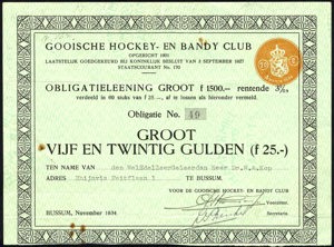 Nederland, Gooische Hockey- en Bandy Club, Obligatie, 25 Gulden, November 1934