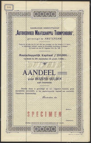 Autovervoer Maatschappij Trompenburg N.V., (Spijker Taxis), Bewijs van Aandeel, 1000 Gulden, 1911
