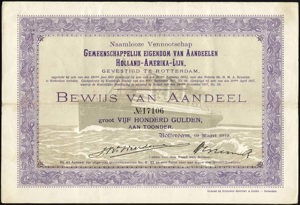Gemeenschappelijk eigendom van Aandeelen Holland-Amerika-Lijn N.V., Bewijs van aandeel, 500 Gulden, 19 March 1919