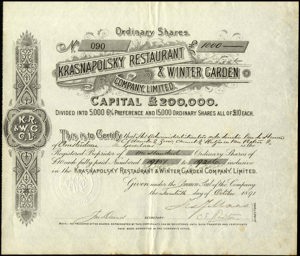 Krasnapolski, Restaurant and Winter Garden Company Ltd, Certificate for 100 ordinary shares of 10 Pounds, 1000 Pounds, 20 October 1891