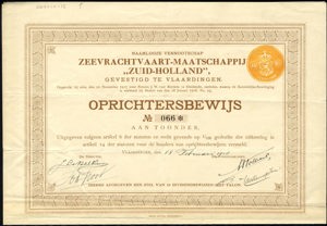 Zeevrachtvaart-Maatschappij "Zuid-Holland" N.V., Oprichtersbewijs, 15 February 1918