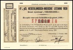 Nederlandsch-Indie, 4,5% lening 1929, Recepis voor een schuldbewijs, 100 Gulden, 1 October 1929, SPECIMEN