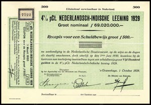 Nederlandsch-Indie, 4,5% lening 1929, Recepis voor een schuldbewijs, 500 Gulden, 1 October 1929, PROOF