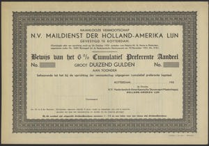 Maildienst der Holland-Amerika Lijn N.V., Bewijs van 6% Cumulatief Preferente Aandeel, 1000 Gulden, 193., PROOF