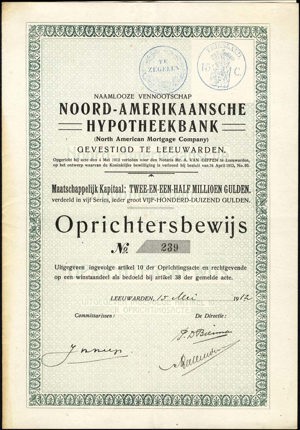 Noord-Amerikaansche Hypotheekbank N.V., Oprichtersbewijs, 15 Mei 1912