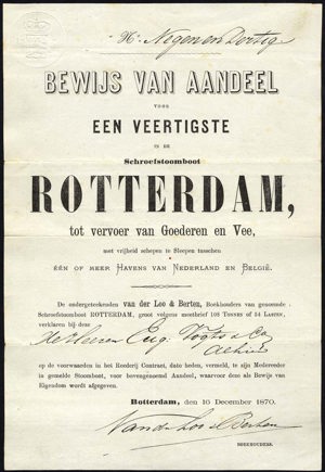 Schroefstoomboot "Rotterdam" tot vervoer van goederen en vee, Bewijs van aandeel, 1/40 aandeel, 10 December 1870