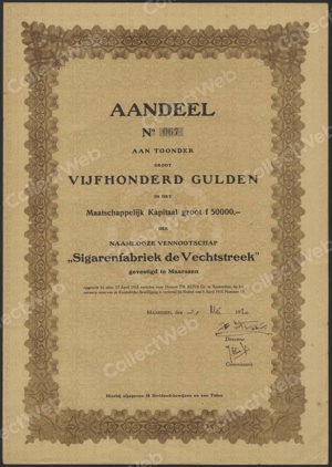 Sigarenfabriek de Vechtstreek N.V., Aandeel, 500 Gulden, 31 mei 1920