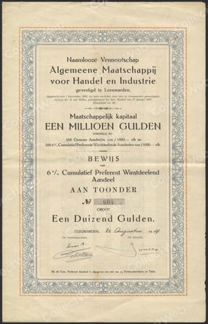 Algemeene Maatschappij voor Handel en Industrie N.V., Bewijs van 6% Cumulatief Preferent Winstdeelend Aandeel, 1000 Gulden, 25 Augustus 1919