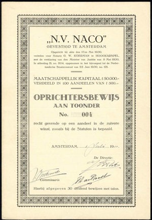 Naco N.V., Oprichtersbewijs, 1 July 1930