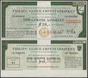 Gemeenschappelijk Bezit van Aandeelen Philips' Gloeilampenfabrieken N.V., 100 Gewone aandelen van 10 Gulden, 1 November 1973, Specimen