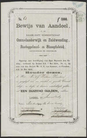 Ommelanderwijk en Zuidwending, Aardappelmeel- en Siroopfabriek N.V., Bewijs van Aandeel, 1000 Gulden, Januari 1873