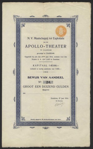 Maatschappij tot Exploitatie van het Apollo-Theater NV, Bewijs van Aandeel, 1000 Gulden, 27 Juni 1914