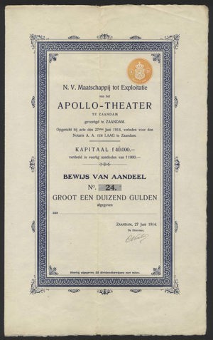 Nederland, Maatschappij tot Exploitatie van het Apollo-Theater NV, Bewijs van Aandeel, 1000 Gulden, 27 Juni 1914
