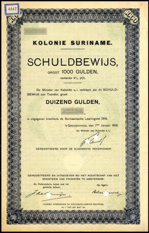 Suriname, 4,5% lening 1915, Schuldbewijs, 1000 Gulden, 1 Januari 1916, PROOF