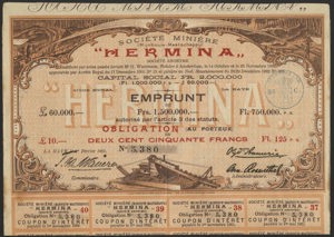 Sociéte Miniere Hermina S.A., Mijnbouwmaatschappij Hermina, Obligation, 250 Francs, 1 Fèvrier 1903