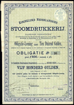 Koninklijke Nederlandsche Stoomdrukkerij N.V., Obligatie, 500 Gulden, November 1881