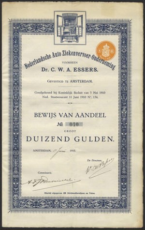 Nederlandsche Auto Ziekenvervoer-Onderneming voorheen Dr. C.W.A. Essers, Bewijs van Aandeel, 1000 Gulden, 11 juni 1910