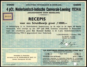 Nederlandsch-Indie, 4% Conversielening 1934A, Recepis voor een schuldbewijs, 1000 Gulden, 1 October 1934, PROOF