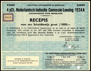 Nederlands-Indië, 4% Conversielening 1934A, Recepis voor een schuldbewijs, 1000 Gulden, 1 October 1934, PROOF