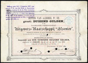 Uitgevers-Maatschappij "Elsevier" N.V., Bewijs van aandeel, 1000 Gulden, 15 June 1882