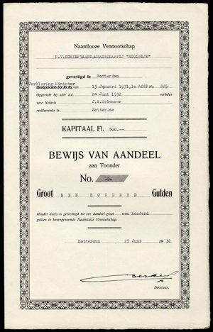 Scheepvaart-Maatschappij "Stolwijk" N.V., Bewijs van aandeel, 100 Gulden, 25 June 1932