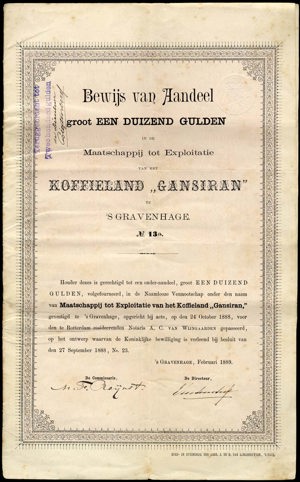 Maatschappij tot Exploitatie van het Koffieland "Gansiran", Bewijs van aandeel, 1000 Gulden, February 1889
