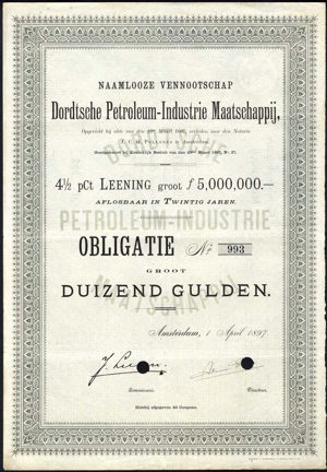 Dortsche Petroleum-Industrie Maatschappij N.V., Obligatie, 1000 Gulden, 1 April 1897