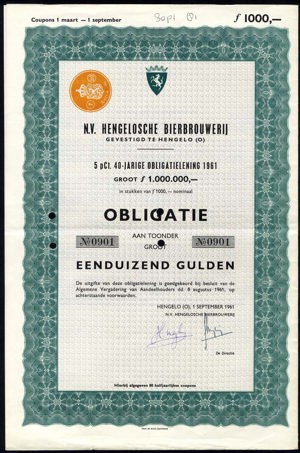 Hengelosche Bierbrouwerij N.V., Obligatie, 1000 Gulden, 1 September 1961