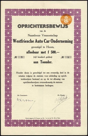 Nederland, Westfriesche Auto Car Onderneming (WACO), Oprichtersbewijs (aflosbaar met 500 gulden), 1930