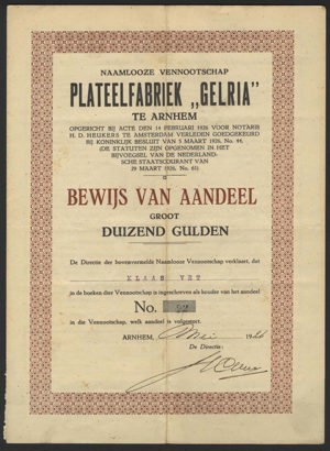 Plateelfabriek Gelria NV, Bewijs van Aandeel, 1000 Gulden, Mei 1926