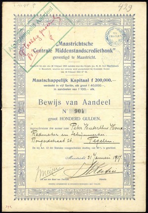 Maastrichtsche Centrale Middenstandscredietbank, Bewijs van aandeel, 100 Gulden, 31 January 1917
