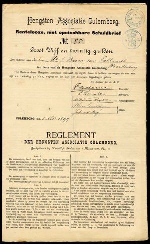 Hengsten Associatie Culemborg, Rentelooze, niet opeischbare schuldbrief, 25 Gulden, 5 May 1899